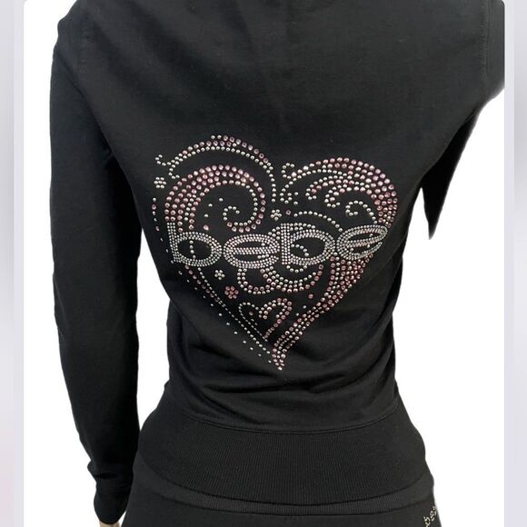 Bebe Set Valentines Day hoodie Rhinestone logo long sleeve & Ruched Side Crop S - Picture 2 of 9